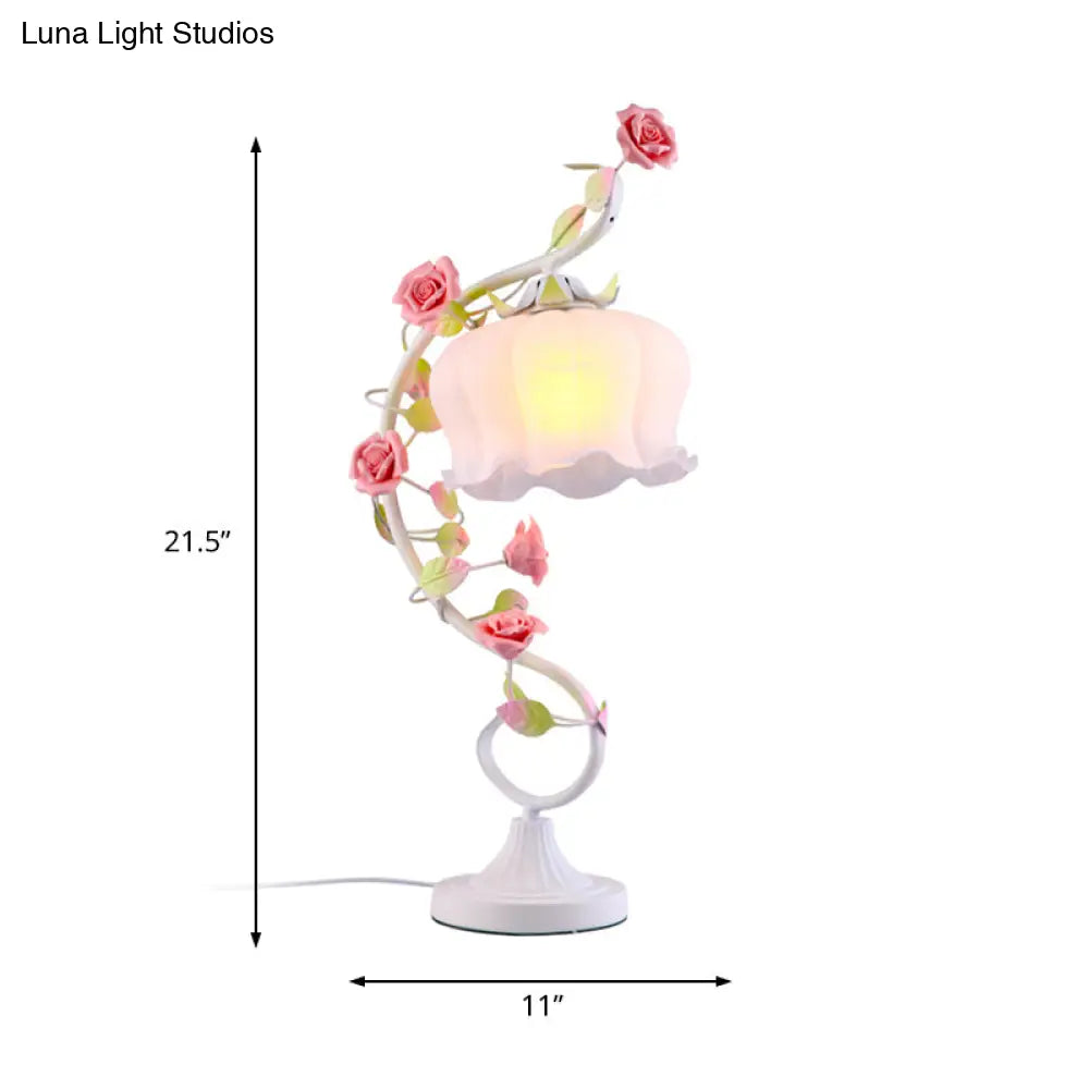 Countryside Flower Glass Nightstand Lamp - 1 Bulb Pink/Blue/Green Lighting For Bedroom