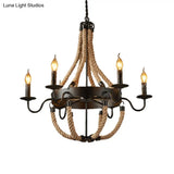 Countryside Hanging Chandelier With 6/8 Brown Bulbs And Hemp Rope Basket Pendant Design