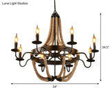 Countryside Hanging Chandelier With 6/8 Brown Bulbs And Hemp Rope Basket Pendant Design