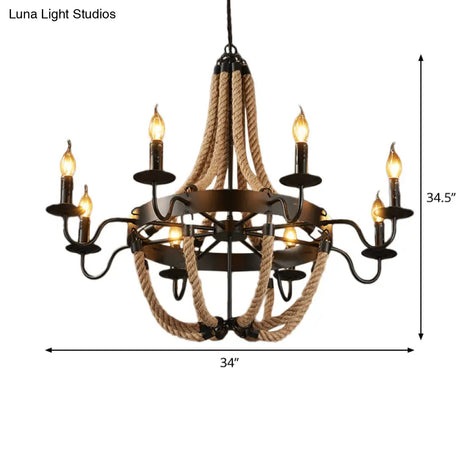Countryside Hanging Chandelier With 6/8 Brown Bulbs And Hemp Rope Basket Pendant Design