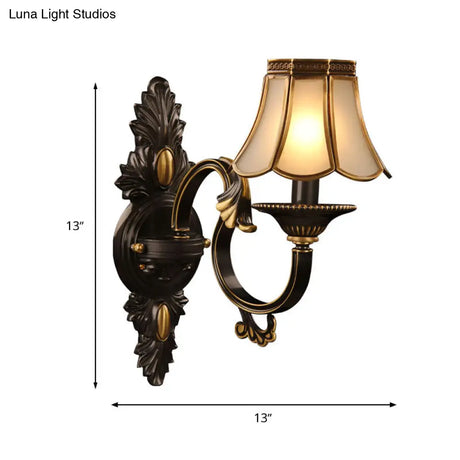 Countryside Ivory Glass Scalloped Bedroom Wall Lamp - 1 Light Black Mount