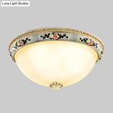 Countryside Opal Glass Grey Flush Mount Dome Ceiling Light Fixture With Floral Trim Decor - 2/3