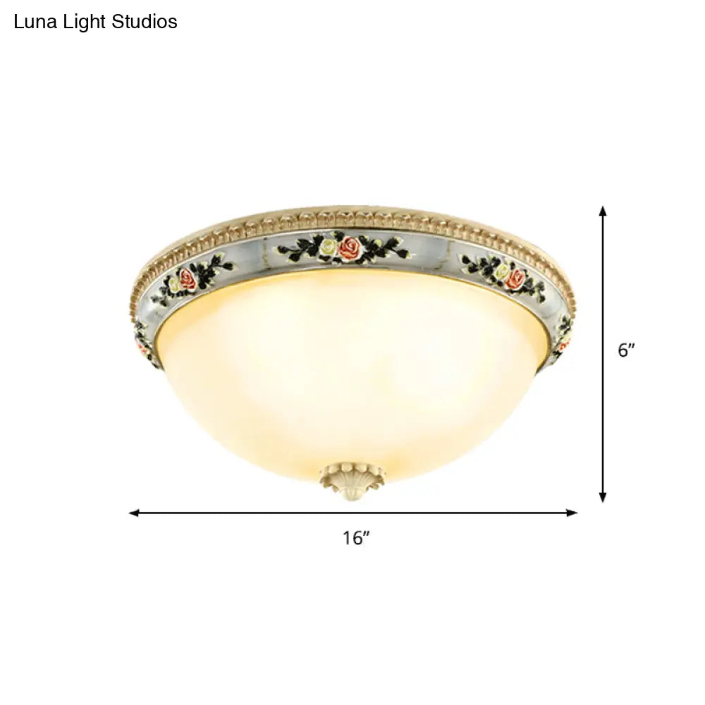 Countryside Opal Glass Grey Flush Mount Dome Ceiling Light Fixture With Floral Trim Decor - 2/3