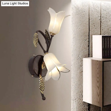 Countryside Opal Glass Wall Sconce With White/Purple Petunia Design - 2-Bulb Bedroom Lighting