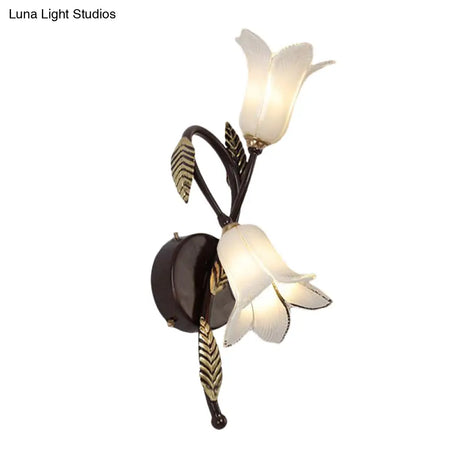 Countryside Opal Glass Wall Sconce With White/Purple Petunia Design - 2-Bulb Bedroom Lighting
