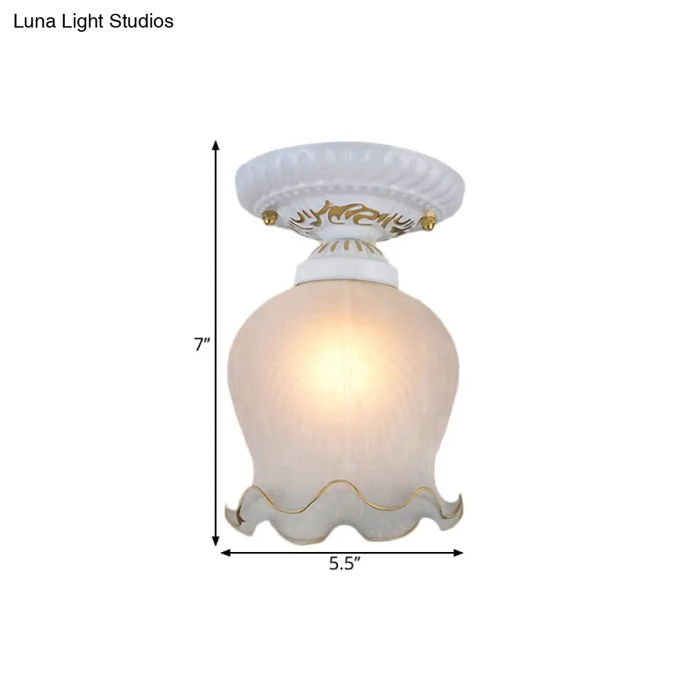 Countryside Scalloped Ceiling Flush Light Fixture In White - Ribbed Opal Glass 1 Bulb