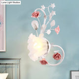 Countryside Scalloped Wall Lighting - Elegant White Glass Lamp With Pink Rose Bedroom Mounted