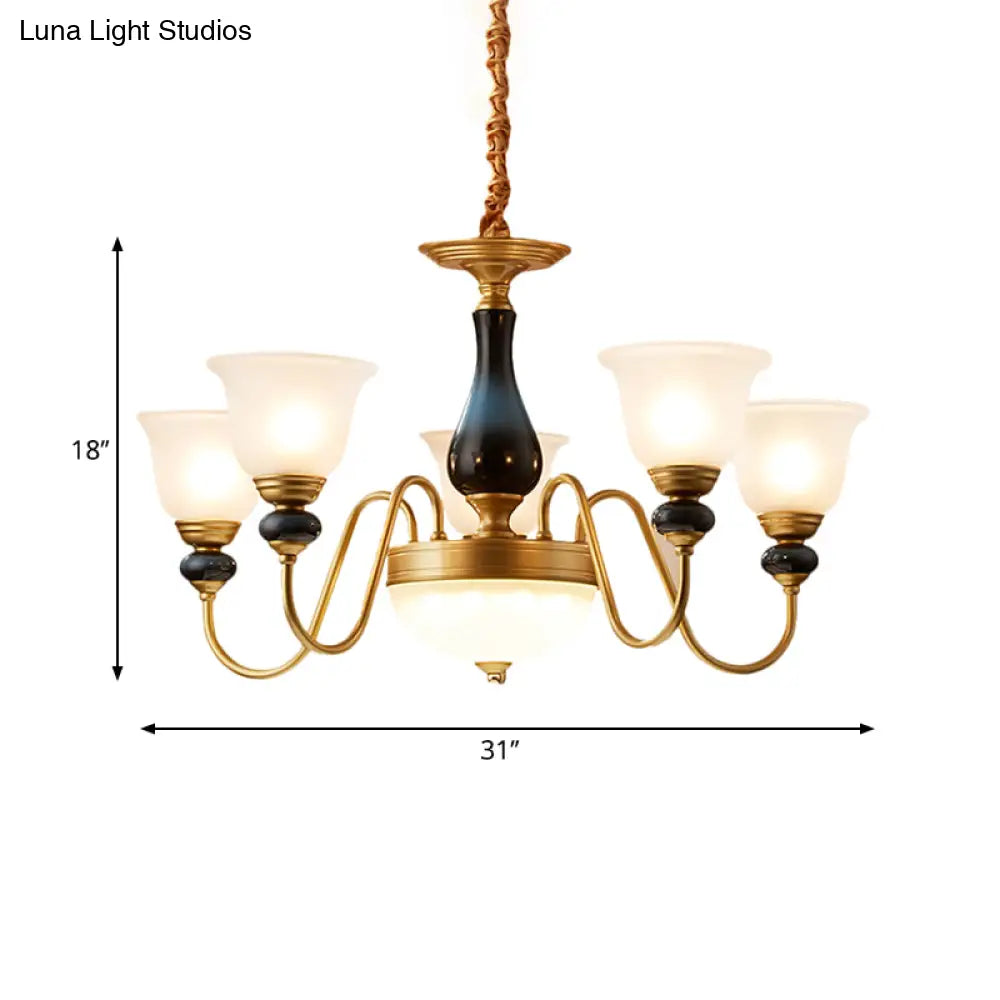 Countryside Style Floral Chandelier With Glass Suspension Lamp - 3/5/6 Lights In Cream Brass Shade