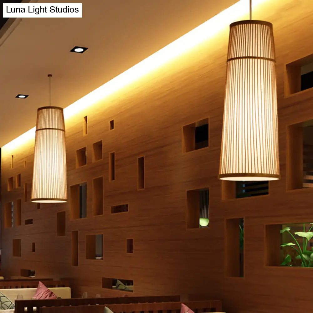 Countryside Style Tapered Bamboo Shade Pendant Light: 1-Light Beige Hanging Lamp For Restaurants