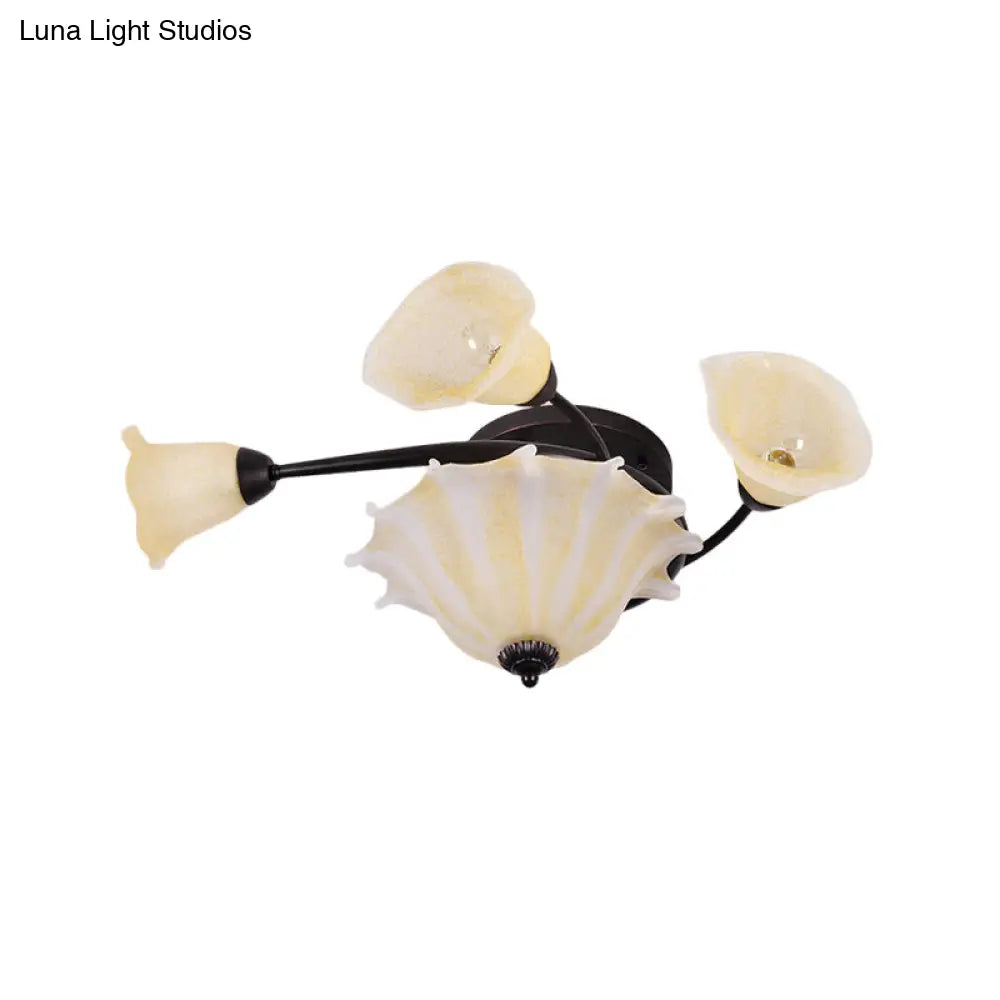 Countryside Whirled Frosted Glass Flush Mount Ceiling Lighting In Black - 3 - Light Lamp