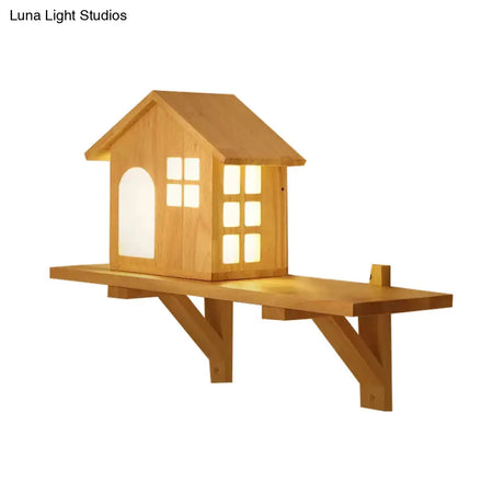 Cozy Wooden Led Wall Lamp With Shelf - Lovely Little House Style For Living Room Decor In Beige