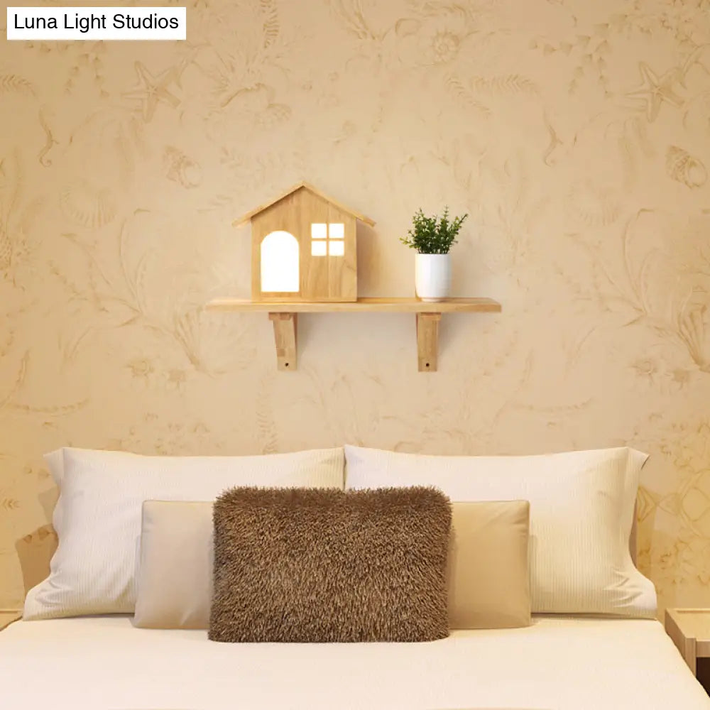 Cozy Wooden Led Wall Lamp With Shelf - Lovely Little House Style For Living Room Decor In Beige