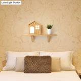 Cozy Wooden Led Wall Lamp With Shelf - Lovely Little House Style For Living Room Decor In Beige