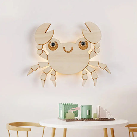 Crab Kids Led Wall Sconce Wood Cartoon Lamp - Beige