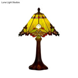 Craftsman Single Coffee Table Lamp - Green Glass Pyramidal Night Light With Jewels