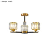 Crystal Block Ceiling Light With 3/6 Semi - Mounted Cylinder Lights In Black And Gold