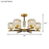Crystal Block Ceiling Light With 3/6 Semi - Mounted Cylinder Lights In Black And Gold
