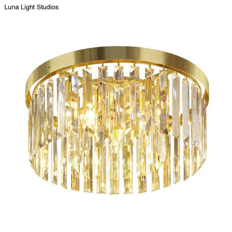 Crystal Block Flush Mount Lamp - Simplicity Brass Drum Guest Room Ceiling Light Fixture (6 Bulbs)