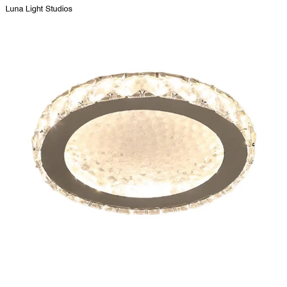 Crystal Block Led Circle Flush Mount Lamp: Sleek Chrome Design Warm/White Corridor Ceiling Lighting