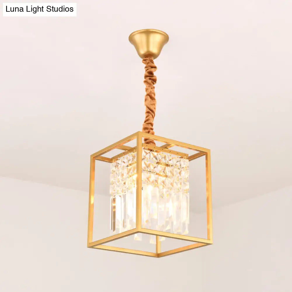 Crystal Cube Metal Cage Pendant Light For Dining Room Ceiling