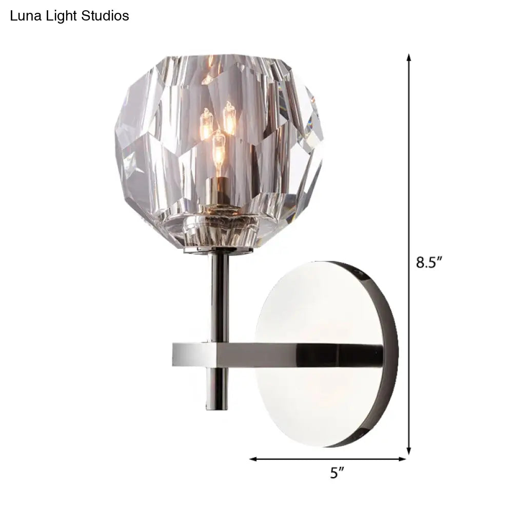 Crystal Faceted Wall Mount Lamp With Chrome Finish And Global Shade- Modern Style 1 Bulb