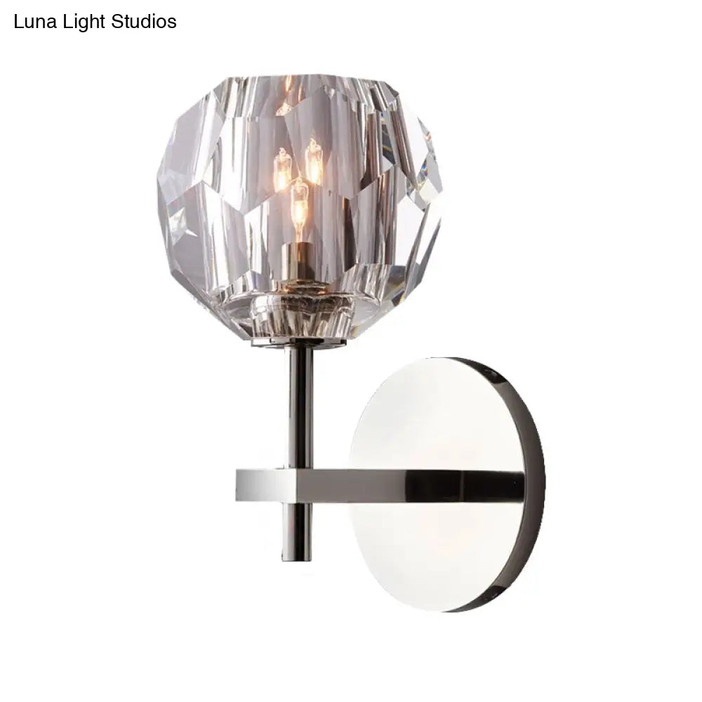 Crystal Faceted Wall Mount Lamp With Chrome Finish And Global Shade- Modern Style 1 Bulb
