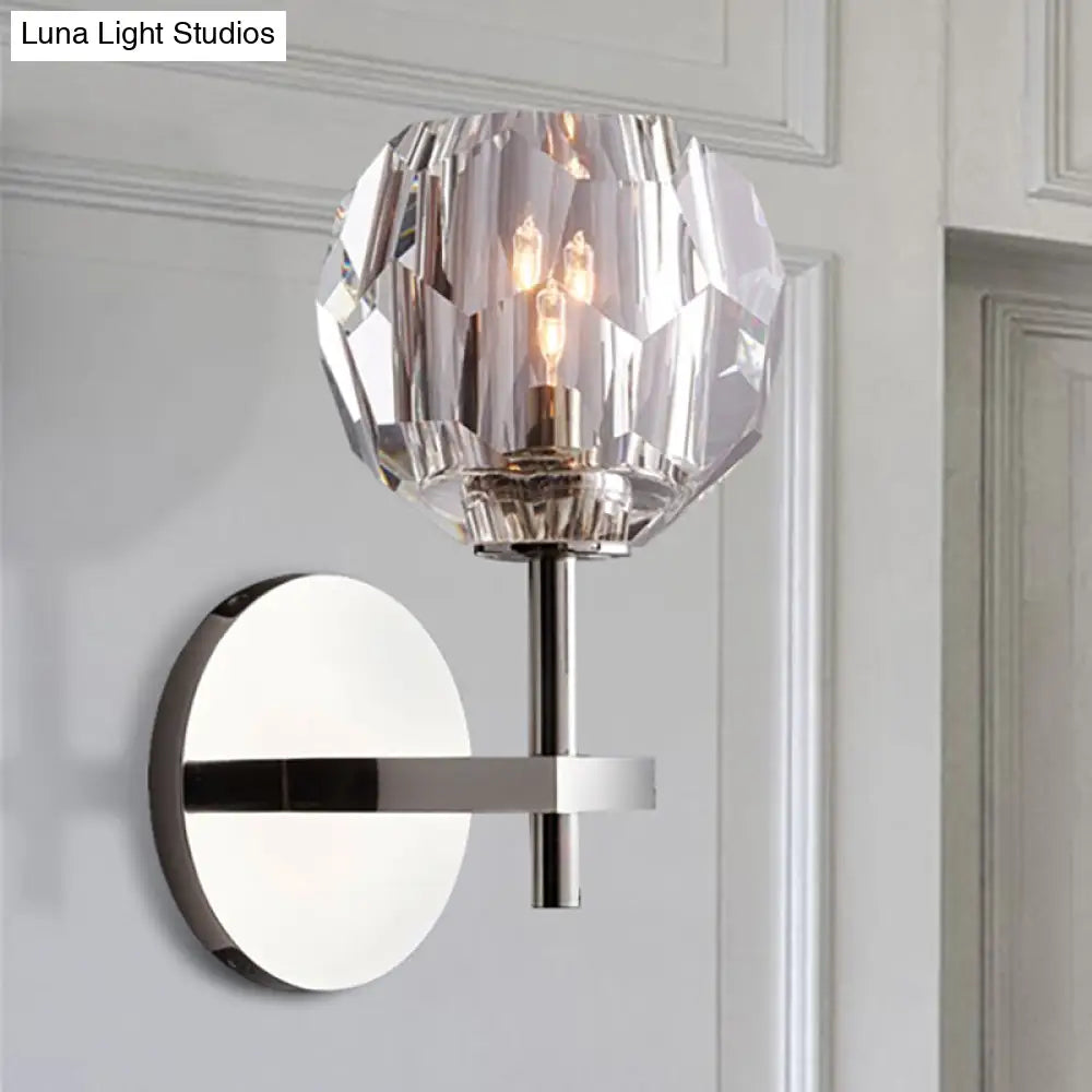 Crystal Faceted Wall Mount Lamp With Chrome Finish And Global Shade- Modern Style 1 Bulb