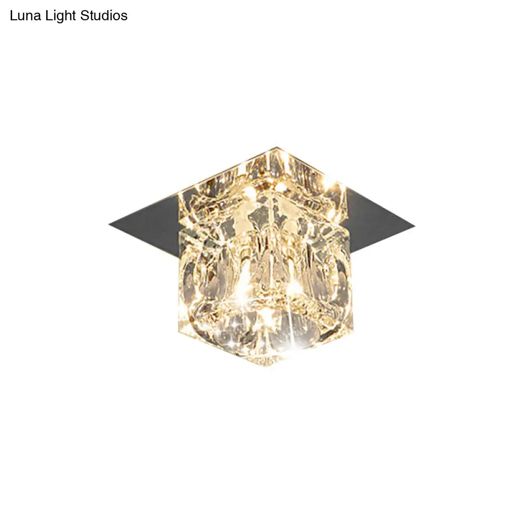 Crystal Flush Mount Led Ceiling Lamp With Beveled Square Design Chrome Finish - Warm/White Light