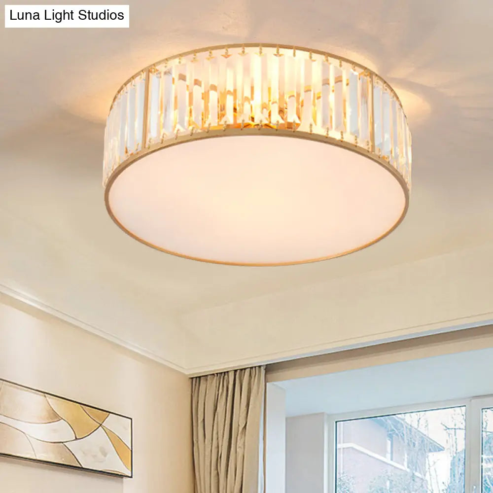 Crystal Flush Mount Lighting With Drum Shade - Gold 3/4/5 Lights 12.5’/16.5’/20.5’ Wide