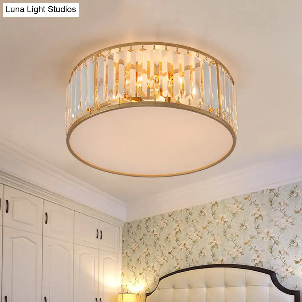 Crystal Flush Mount Lighting With Drum Shade - Gold 3/4/5 Lights 12.5’/16.5’/20.5’ Wide
