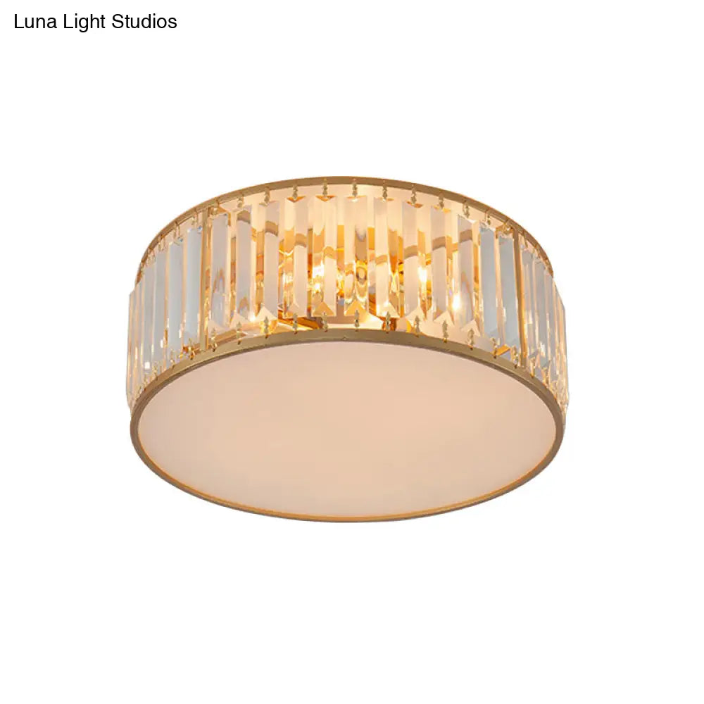 Crystal Flush Mount Lighting With Drum Shade - Gold 3/4/5 Lights 12.5’/16.5’/20.5’ Wide