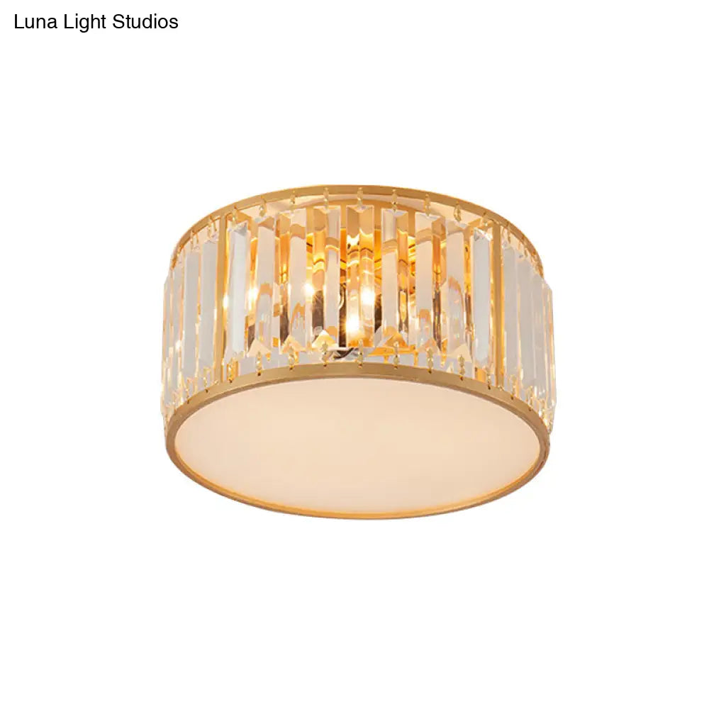 Crystal Flush Mount Lighting With Drum Shade - Gold 3/4/5 Lights 12.5’/16.5’/20.5’ Wide
