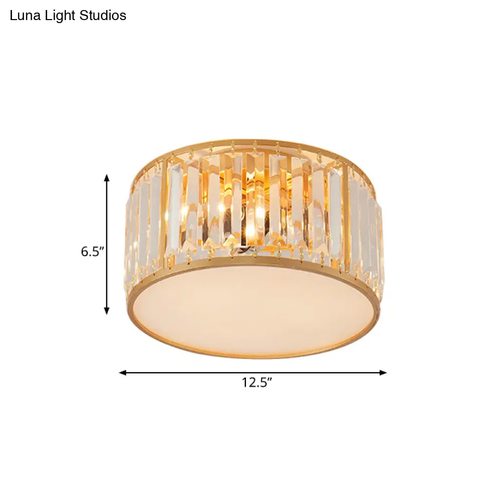 Crystal Flush Mount Lighting With Drum Shade - Gold 3/4/5 Lights 12.5’/16.5’/20.5’ Wide