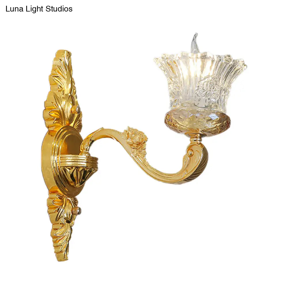 Crystal Glass Sconce: Single Bulb Gold Flower Wall Light With Swooping Arm
