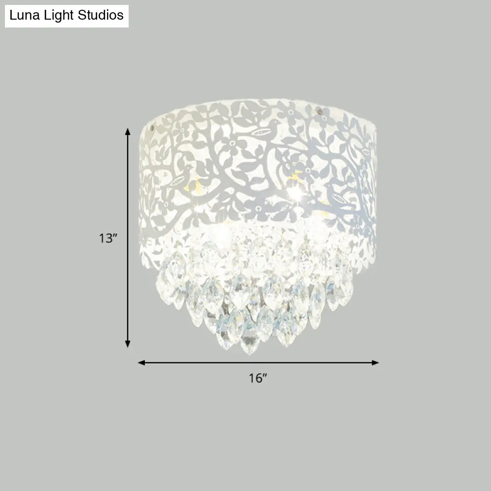 Crystal Leaf Metal Flush Mount Ceiling Light For Girls’ Bedroom In White