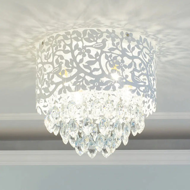 Crystal Leaf Metal Flush Mount Ceiling Light For Girls’ Bedroom In White