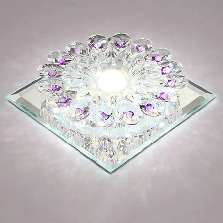 Crystal Led Flush Ceiling Light Fixture - Modern Entryway Clear / White Square Plate