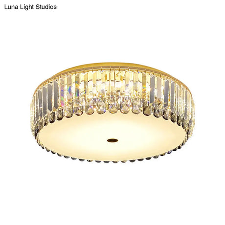 Crystal Led Flush - Mount Ceiling Light With Brass Finish Drum Shape - Simplistic Elegance