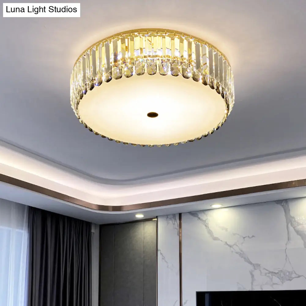 Crystal Led Flush - Mount Ceiling Light With Brass Finish Drum Shape - Simplistic Elegance