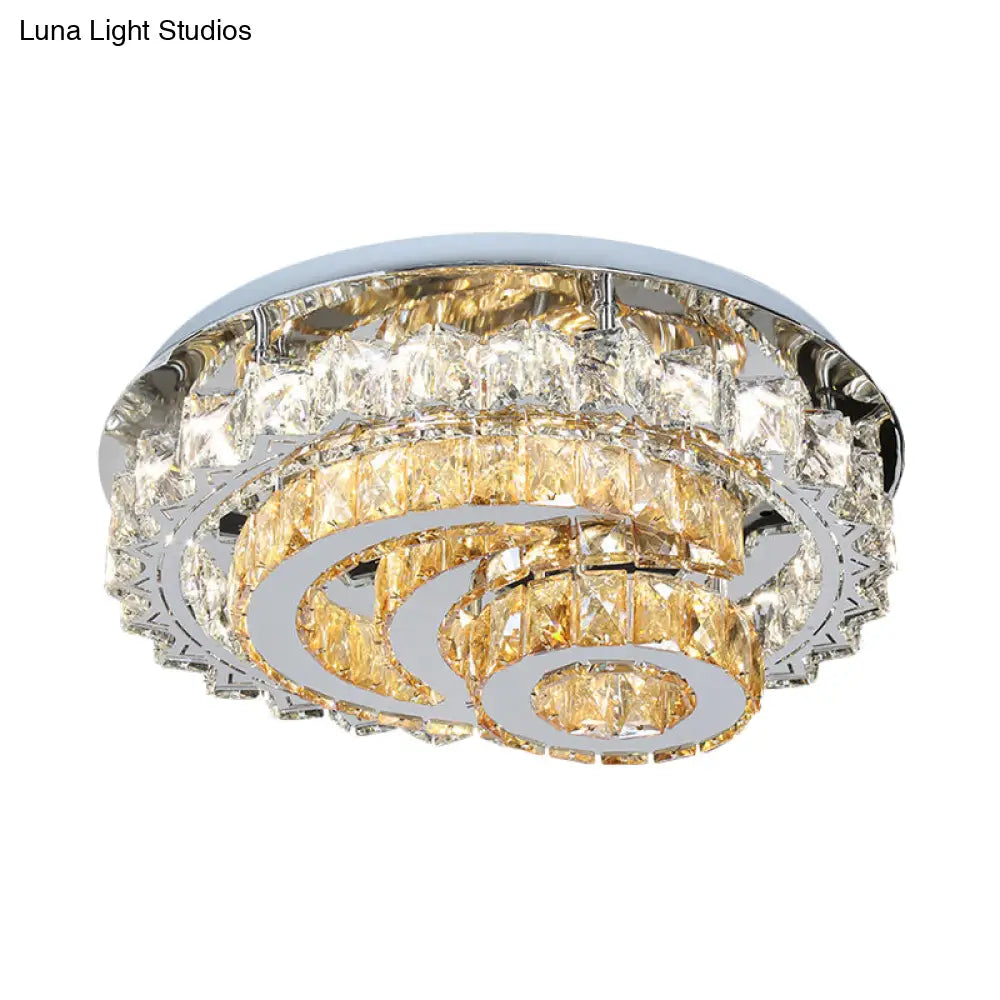 Crystal Led Flushmount Parlor Ceiling Light With Inlaid Opulent Chrome Moon And Circle Design