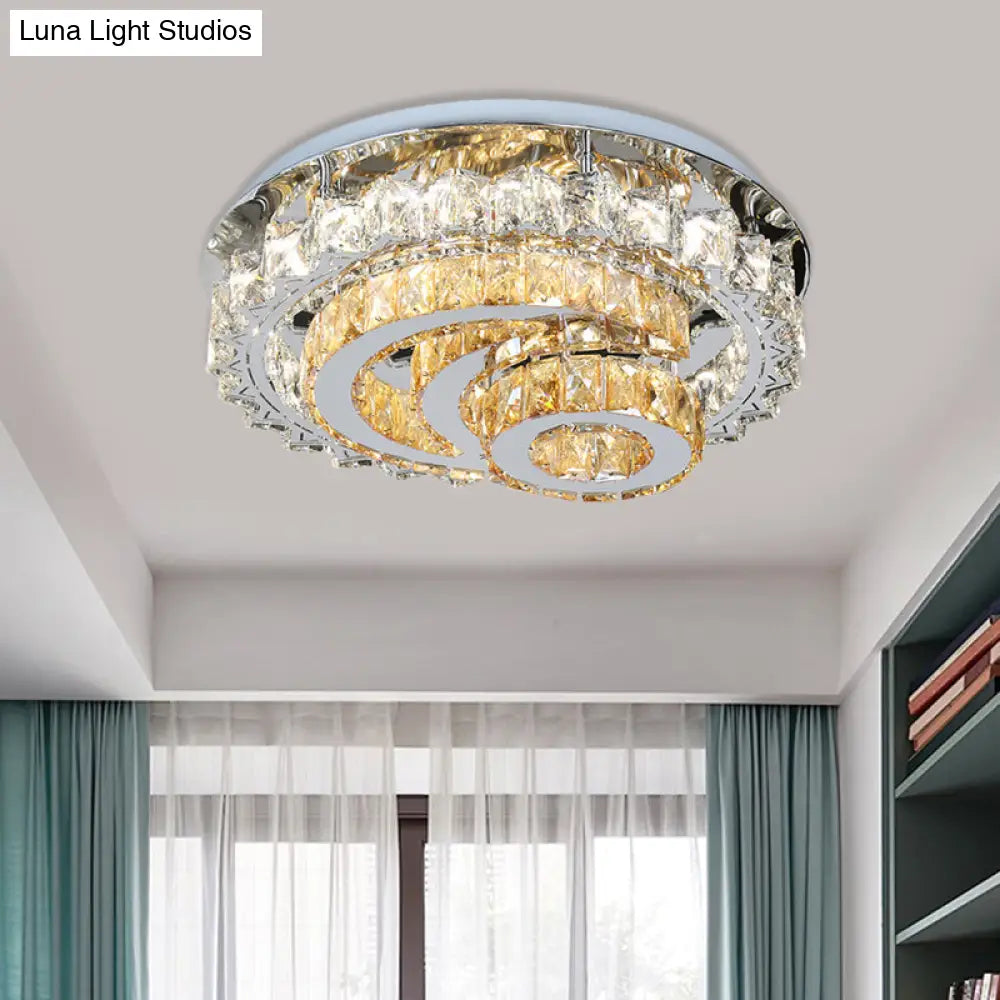 Crystal Led Flushmount Parlor Ceiling Light With Inlaid Opulent Chrome Moon And Circle Design