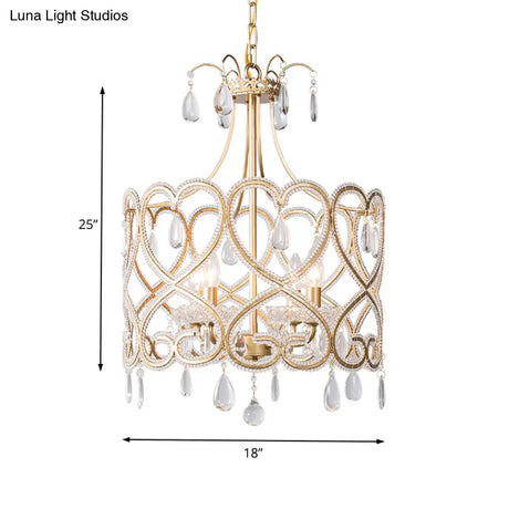 Crystal Nordic Gold Cylinder Chandelier With 4 Bulbs: Elegant Teardrop Hanging Ceiling Light