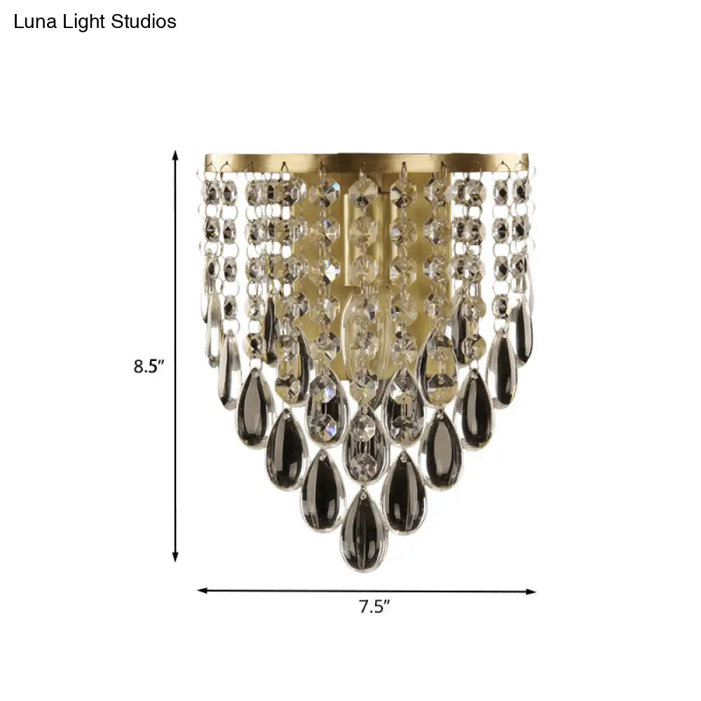 Crystal Raindrop Wall Sconce Light Fixture - Elegant Brass Cone Design For Living Room Lighting