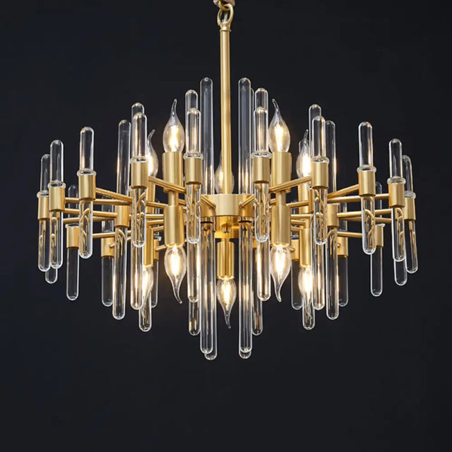 Crystal Rod Drop Chandelier Light - 10 Heads Postmodern Brass Radial Design For Living Room