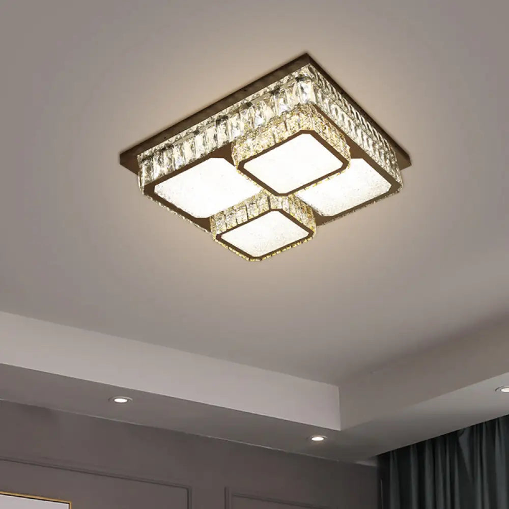 Crystal Square Flush Mount Led Lamp With Beveled Design In Warm/White Light Chrome Finish / Warm B