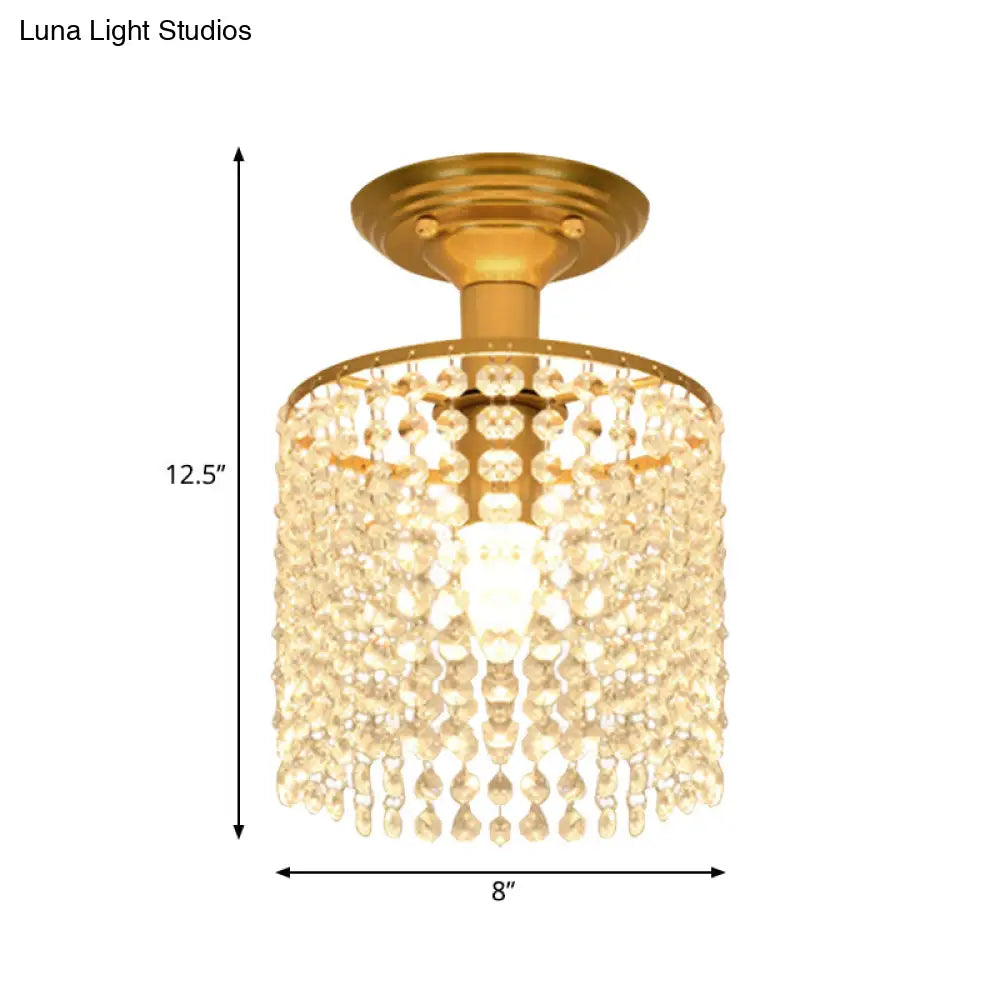 Crystal Strand Semi Flush 1-Light Gold Lamp - Simple Cylindrical Design For Close To Ceiling