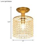Crystal Strand Semi Flush 1-Light Gold Lamp - Simple Cylindrical Design For Close To Ceiling