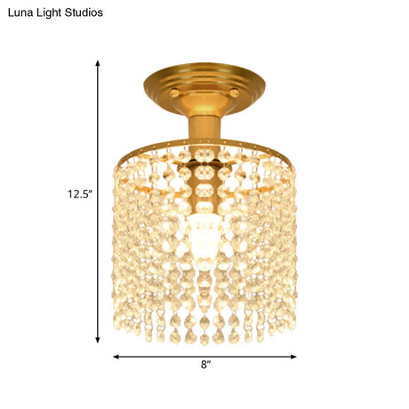Crystal Strand Semi Flush 1-Light Gold Lamp - Simple Cylindrical Design For Close To Ceiling