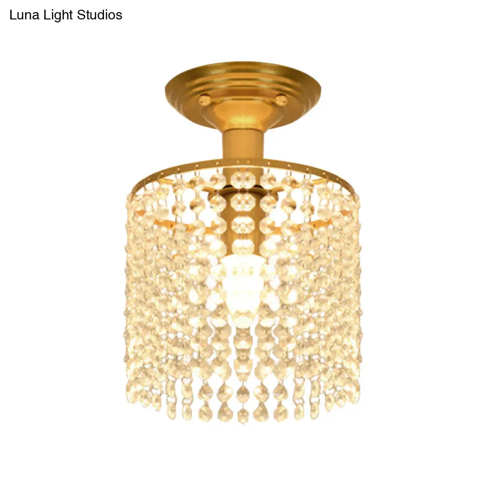 Crystal Strand Semi Flush 1-Light Gold Lamp - Simple Cylindrical Design For Close To Ceiling