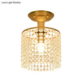 Crystal Strand Semi Flush 1-Light Gold Lamp - Simple Cylindrical Design For Close To Ceiling